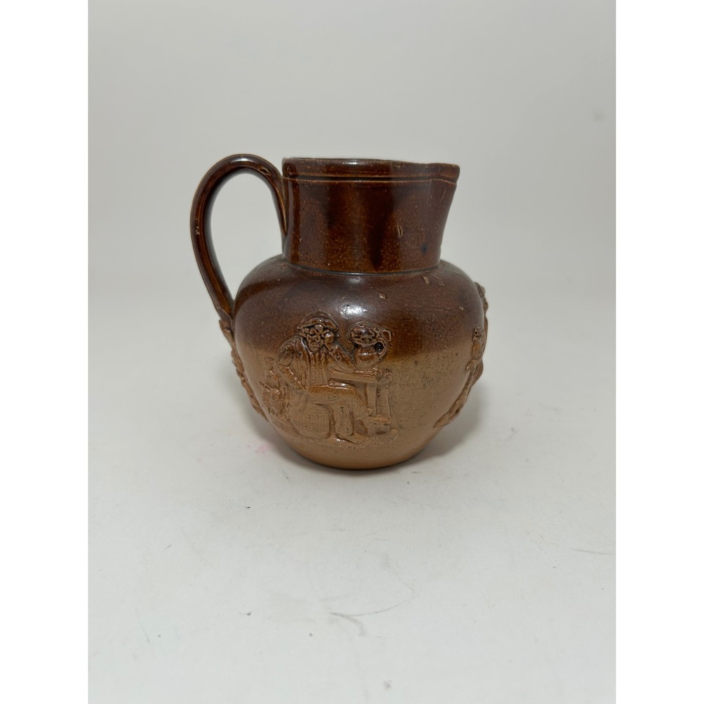Doulton Lambeth Antique Salt Glazed Stoneware Pitcher Tavern Scene Two Tone 4.5"